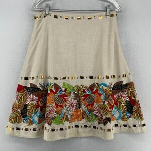 BASIL & MAUDE Skirt 4 Beaded Sequin Floral A-Line Linen Blend Boho Beige VTG
